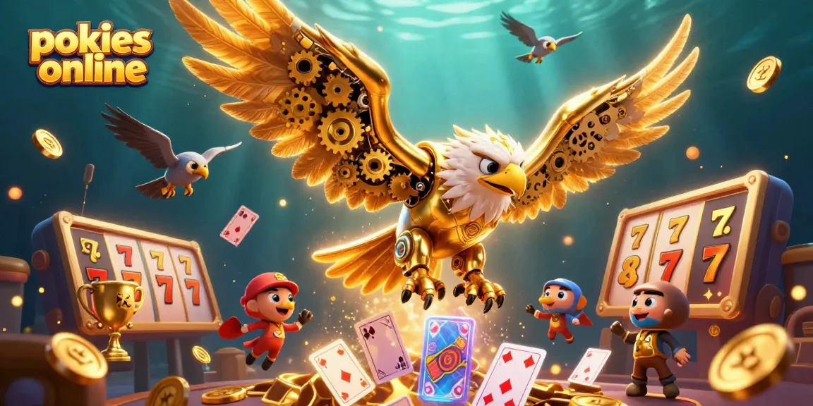 Experience thrilling pokies online with 3D golden eagle diving through dynamic slot symbols and sparkling elements.