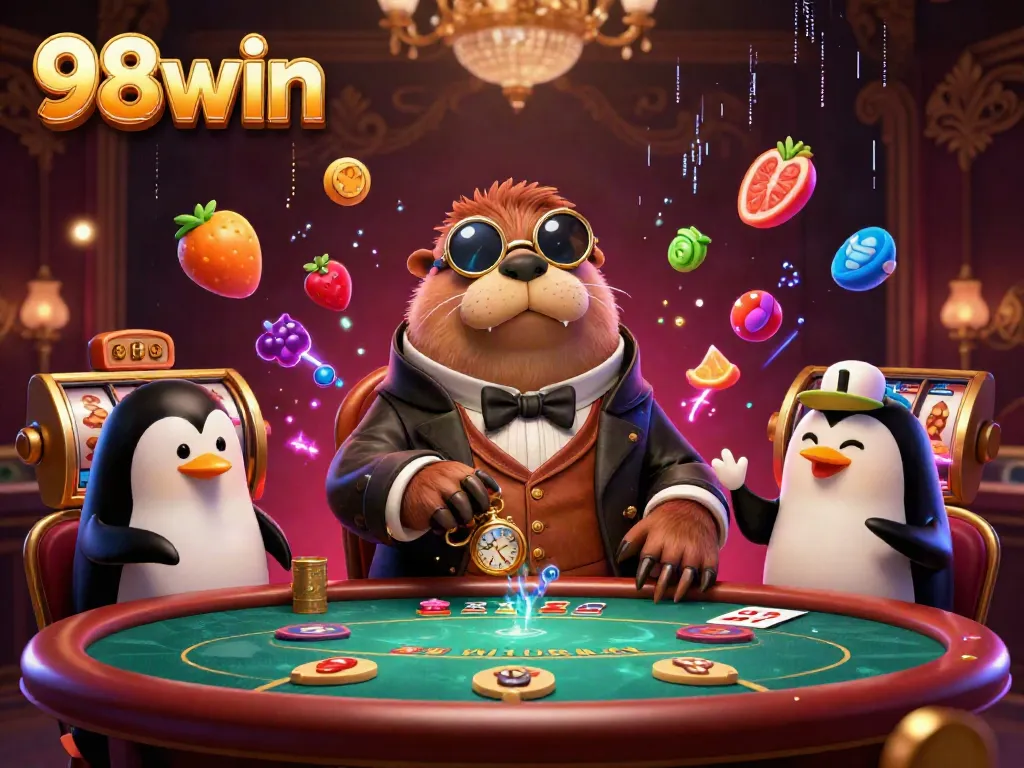 Experience thrilling poker action at 98win with a walrus and friends in a dynamic underwater setting.