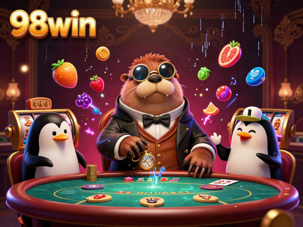 Experience thrilling poker action at 98win with a walrus and friends in a dynamic underwater setting.