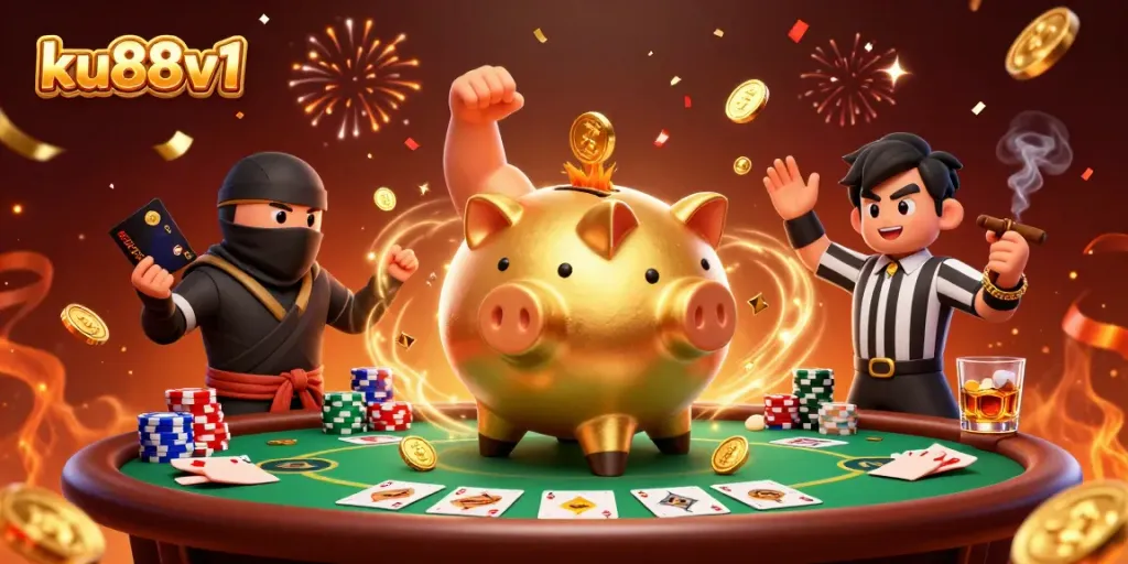Experience thrills with ku88v1 as golden coins rain from a dynamic casino showdown, featuring iconic characters.