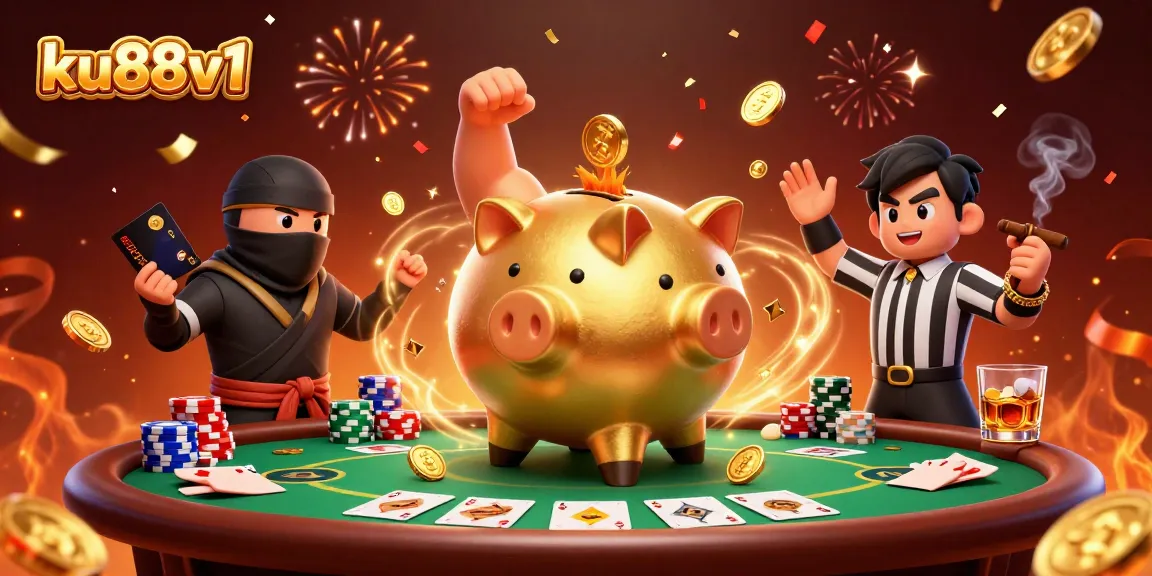 Experience thrills with ku88v1 as golden coins rain from a dynamic casino showdown, featuring iconic characters.