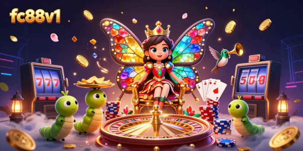 Relish the thrill of fc88v1 with a dazzling scene of casino elements, vibrant characters, and a luxurious atmosphere.