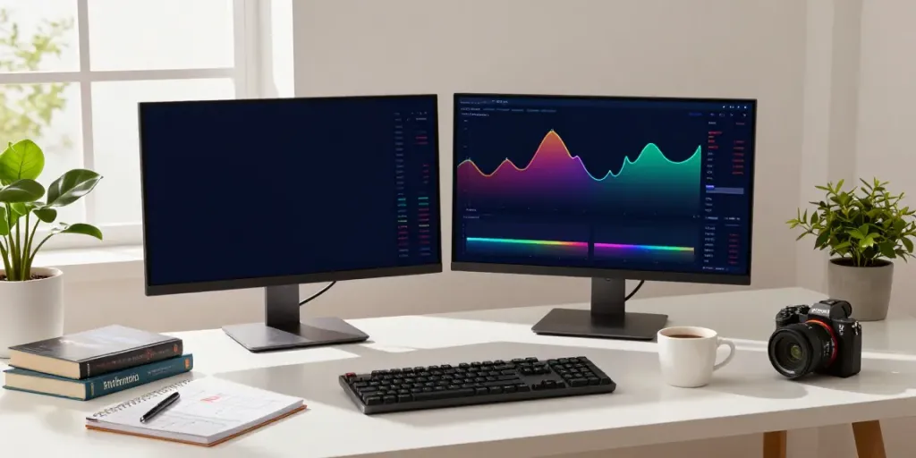 Bronce Fondavío trading en una moderna oficina en casa con gráficos de criptomonedas en pantalla.