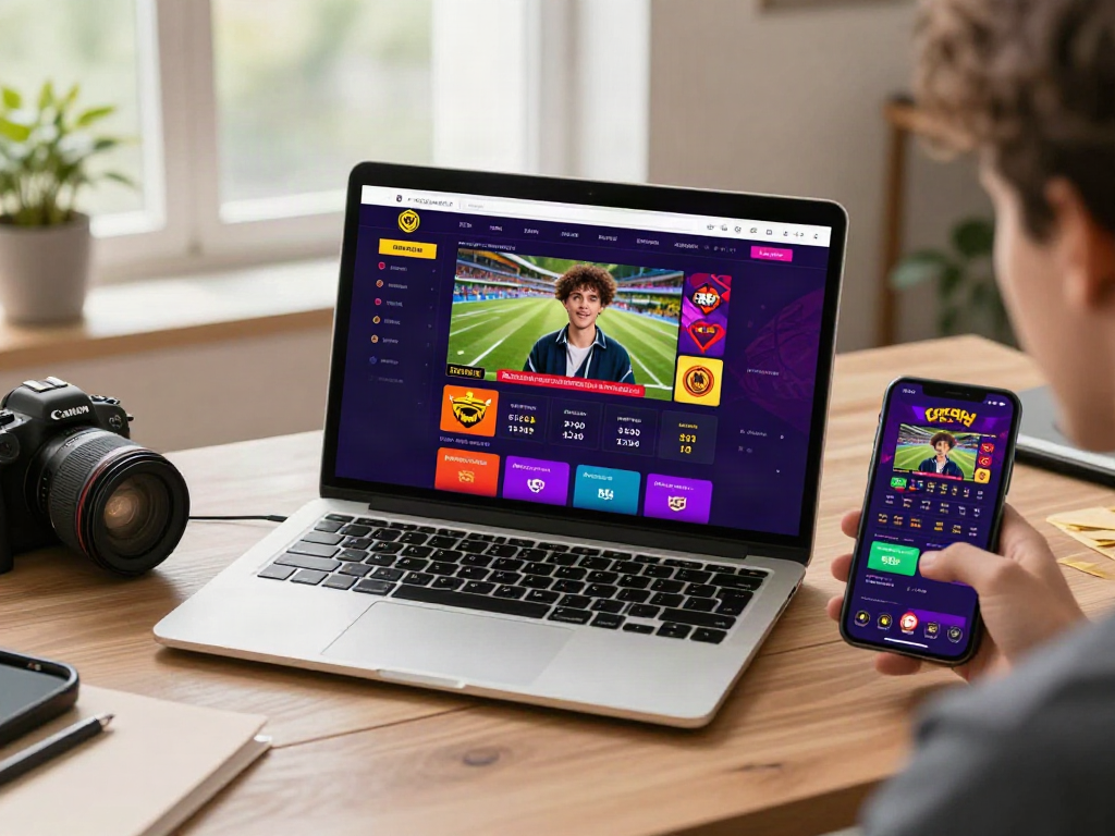 Online gaming experience at https://fc88v1.com/ with dynamic sports betting interface and enthusiastic user in a bright home office.
