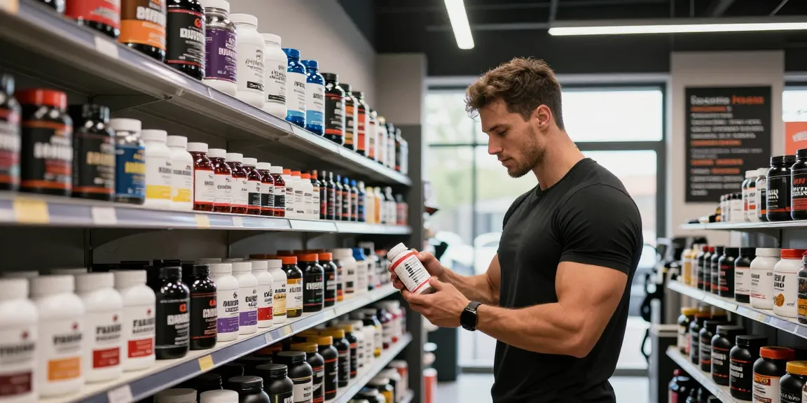 Aficionado al fitness explorando los esteroides anabólicos de Esteroidesshop en una tienda de suplementos vibrante.