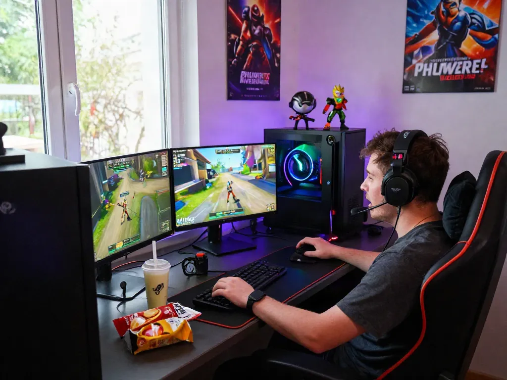 Jugador disfrutando de phuwerte-inwersowia.com en una escena de gaming vibrante y dinámica con múltiples pantallas y ambiente iluminado.