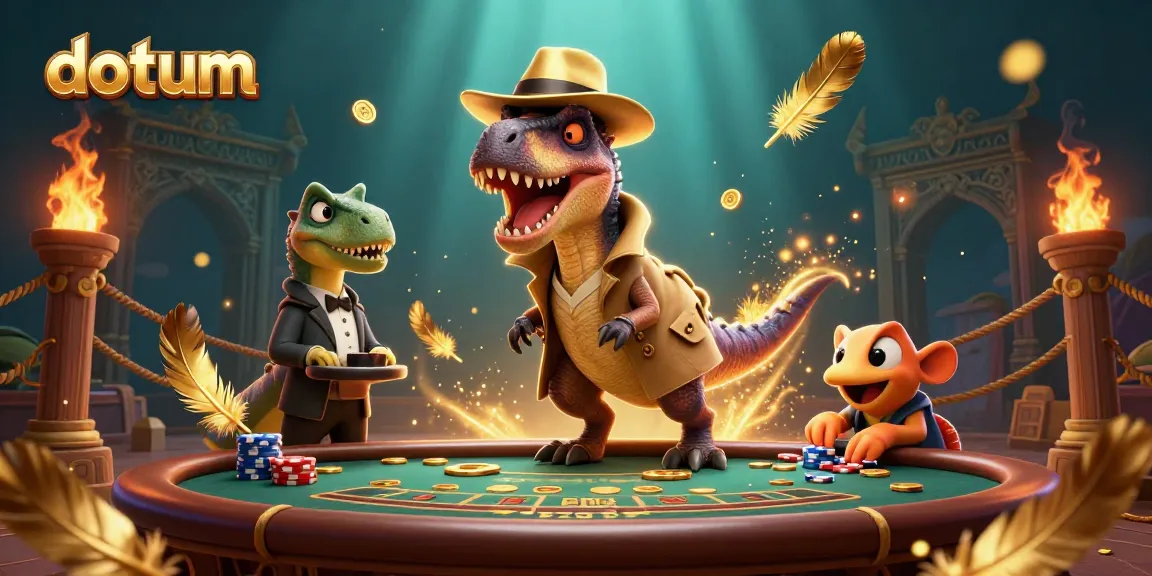Datum gaming scene with a velociraptor card counter at blackjack, highlighting casino excitement.
