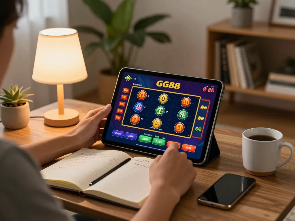 Engaging in online gaming with GG88 on a tablet at home, surrounded by strategic notes and a cozy setup.