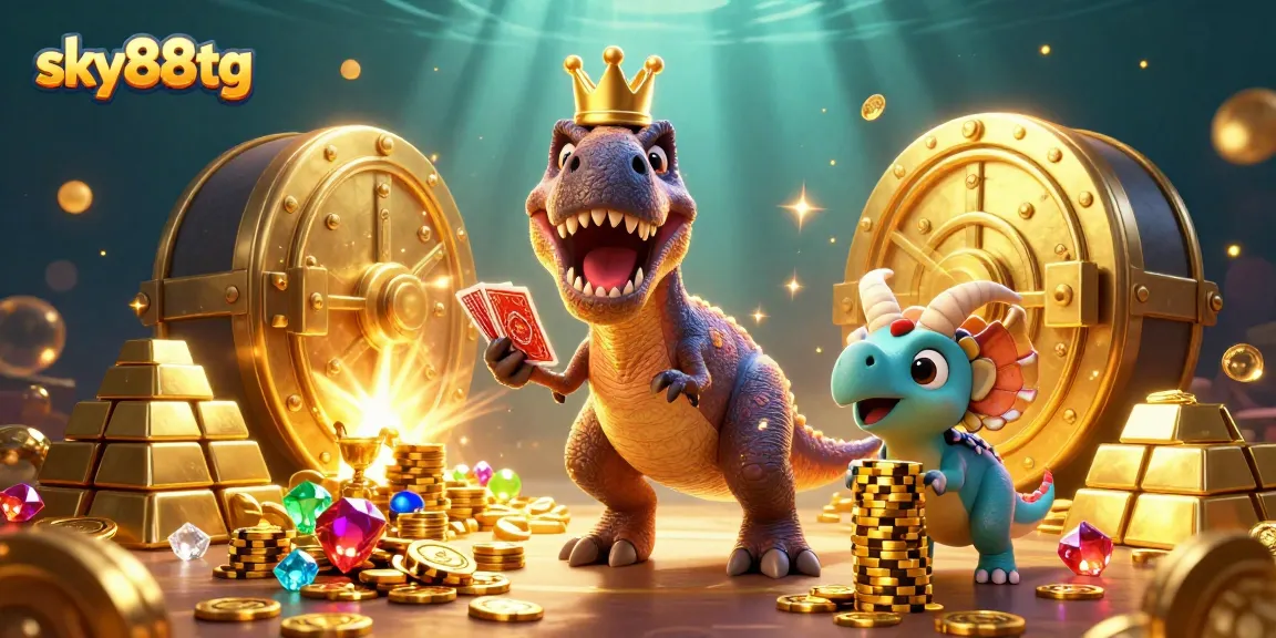 Experience the fun at sky88tg with a T-Rex shuffling cards, a pterodactyl assisting, and a baby triceratops stacking chips.