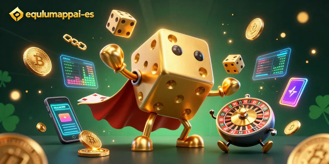 Play exciting games with equlumappai-es, featuring golden dice and neon crypto coins in a vibrant casino scene.