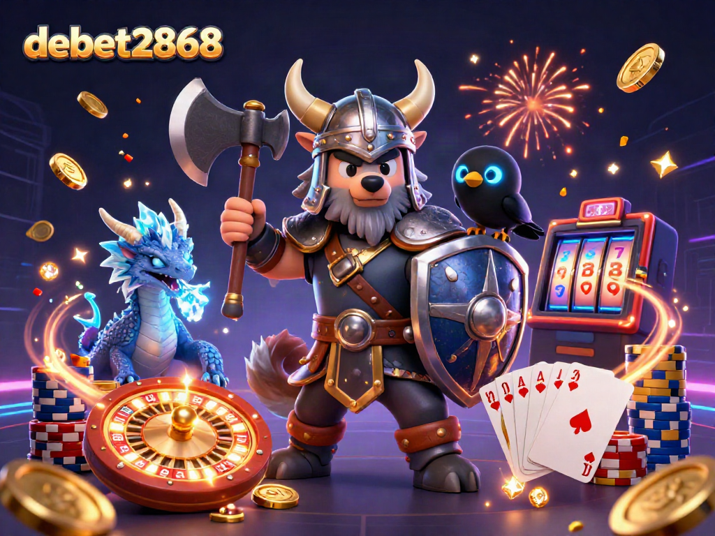 Spin to win at debet2868 with a fierce Viking wolf and a treasure of casino elements