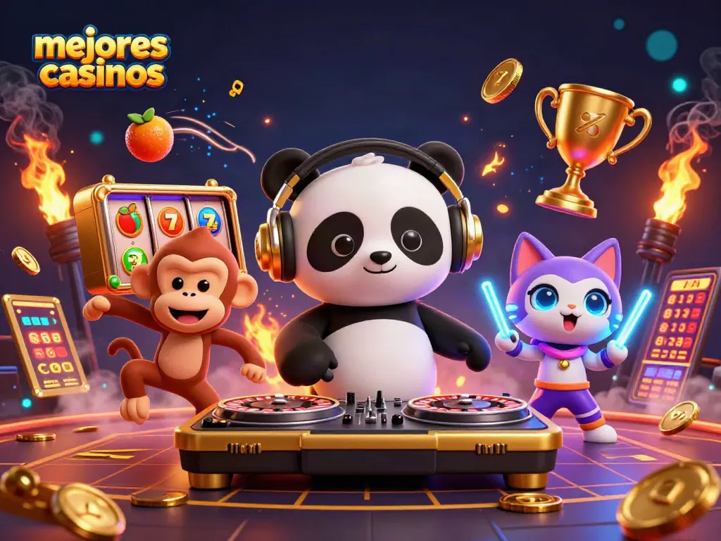Ilustración de una escena vibrante de los mejores casinos con un panda DJ y un mono breakdancero.