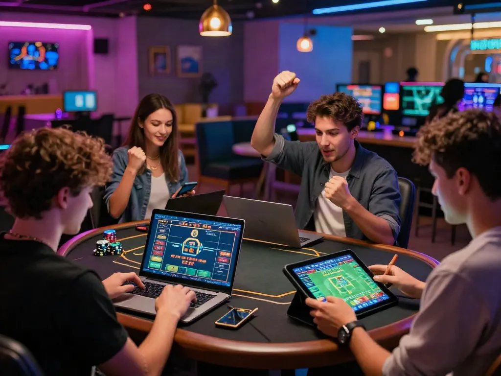 Online gaming enthusiasts enjoying ku88 casino experiences in a modern lounge.