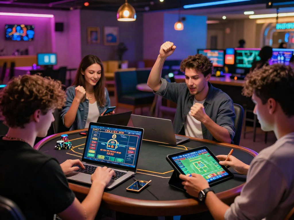 Online gaming enthusiasts enjoying ku88 casino experiences in a modern lounge.