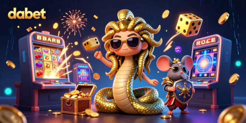 Engage with DABET's exciting games featuring colorful characters, jackpot slots, and vibrant casino elements.