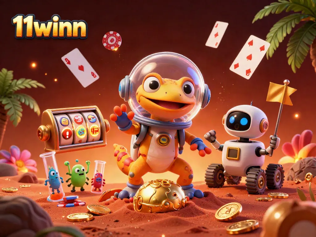 Experience thrilling gameplay with 11winn's cartoon Martian gecko and slot reels set in a golden casino on Mars.