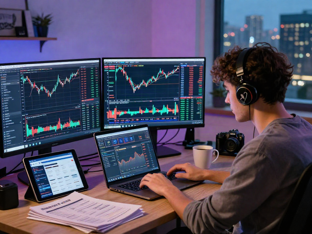 Un joven analizando gráficos de criptomonedas para comprar USDT en un entorno moderno.