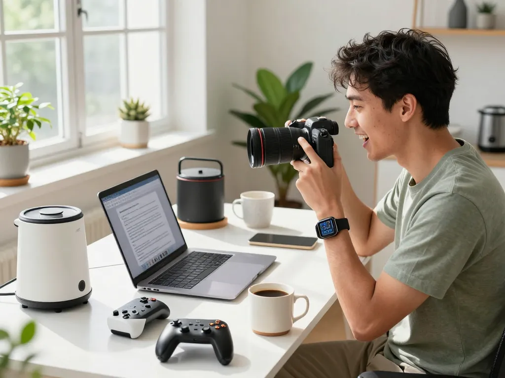 Showcasing innovative tech gadgets in a bright modern home office with various Bluetooth devices.
