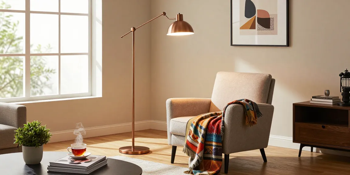 Lámpara de pie de bronce hermosa iluminando una sala de estar acogedora, realzando la atmósfera cálida y la decoración elegante.