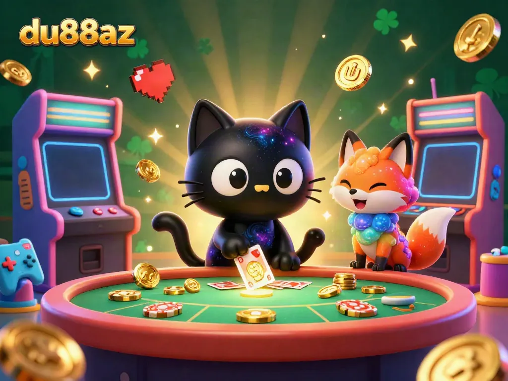 Betting on du88az, a cosmic scene with a black hole cat and colorful fox captivating casino elements.
