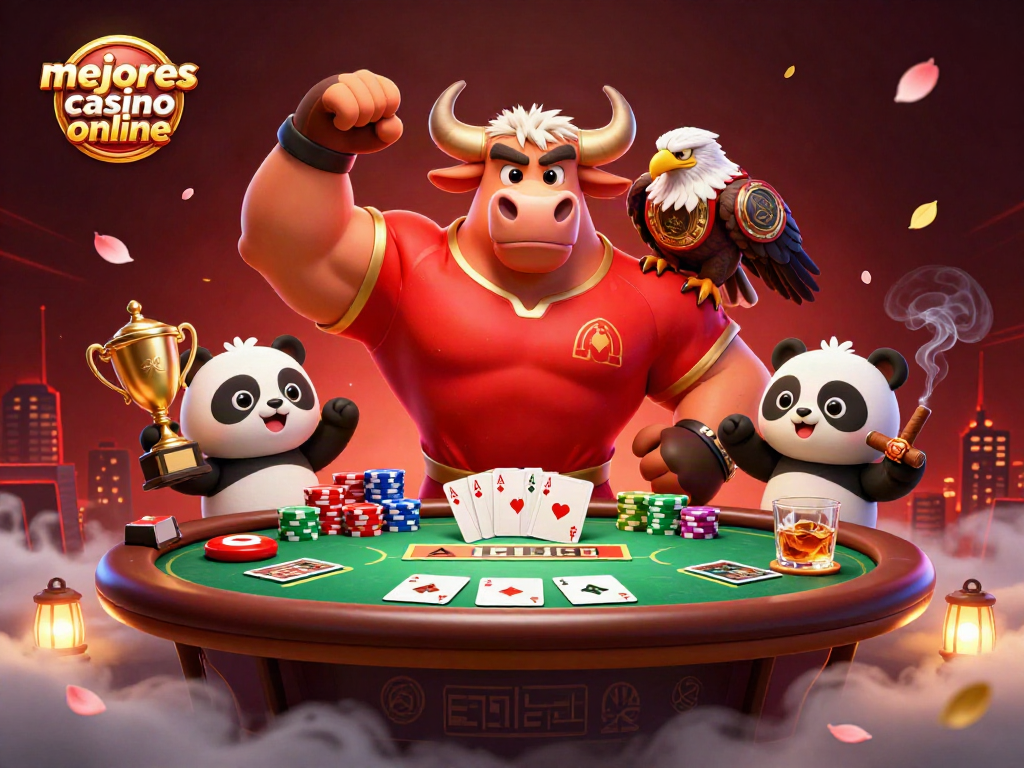 Disfruta de los mejores casinos online mostrando una mascota toro, águila y panda en una escena emocionante.