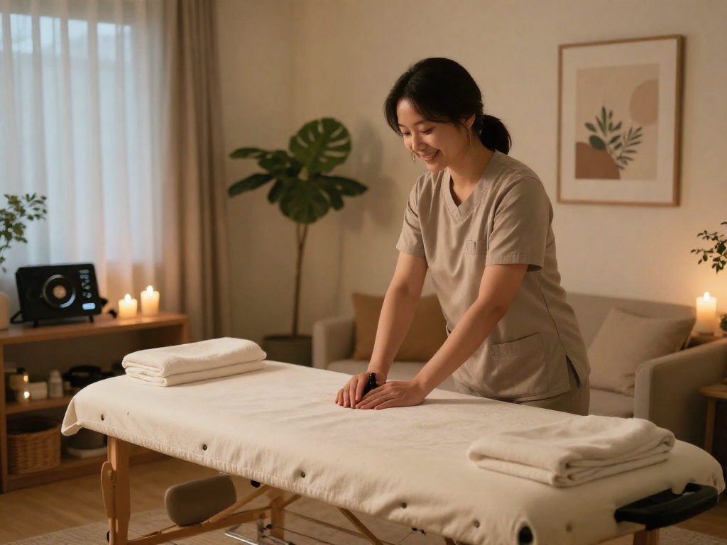 Professional massage therapist preparing for 구리출장안마 in a calming home environment.