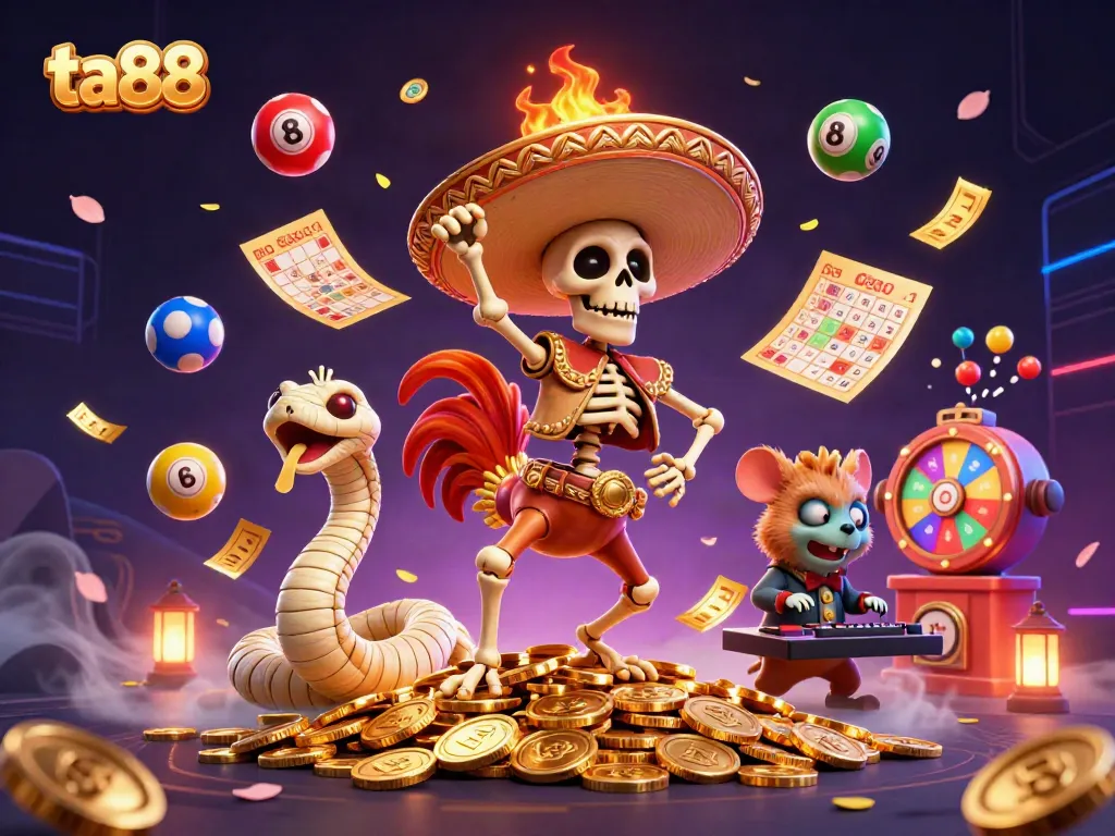 Experience the thrill of ta88 casino with a vibrant 3D illustration featuring a lively victory scene with colorful gaming elements.