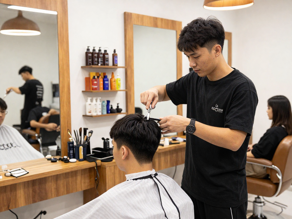 ROKOK88 barber shop showcasing stylish haircuts and modern grooming services, vibrant atmosphere.