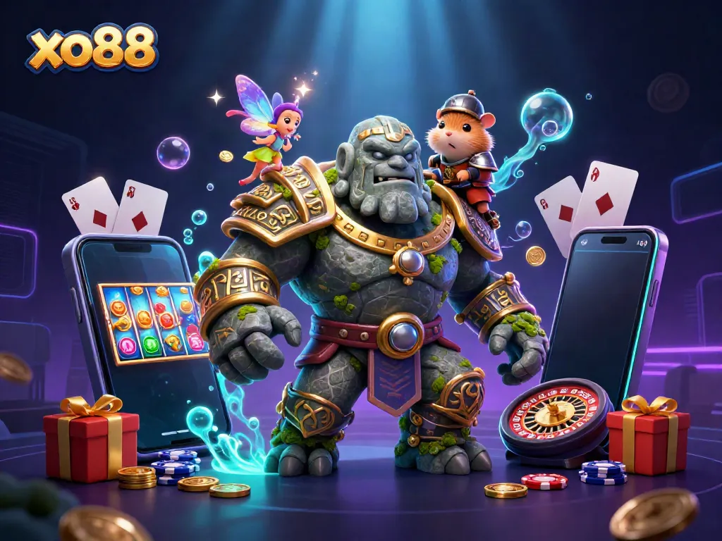 Experience thrilling gameplay at xo88 with the golem guardian and fairy casting magic amidst vibrant casino elements.