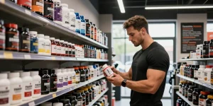 Aficionado al fitness explorando los esteroides anabólicos de Esteroidesshop en una tienda de suplementos vibrante.