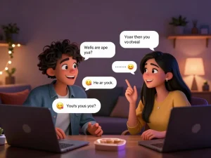 Engaging NSFW chat scene with animated characters in a cozy virtual environment, showcasing playful interaction.