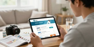 Customer actively researching to comprar viagra españa in a modern home office while browsing online pharmacy options.