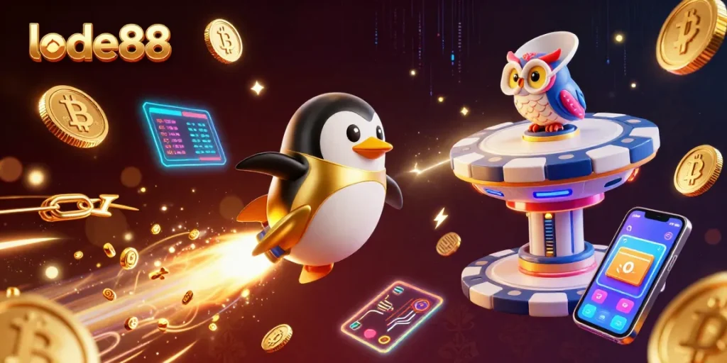 Experience lode88 as a golden penguin soars through a crypto-themed cosmic casino adventure.