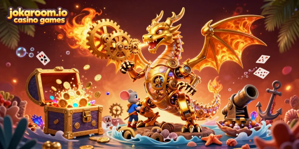 Engage with thrilling jokaroom.io casino games featuring a golden dragon amidst underwater treasures and casino elements.