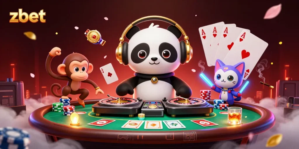 Experience vibrant gaming action with zbet, featuring a DJ panda and lively casino elements.