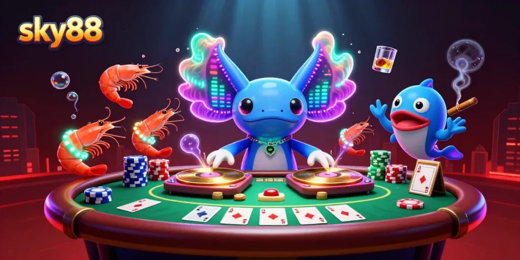 Engage in thrilling poker tables at sky88 with a vibrant underwater casino scene featuring animated characters and dynamic game elements.