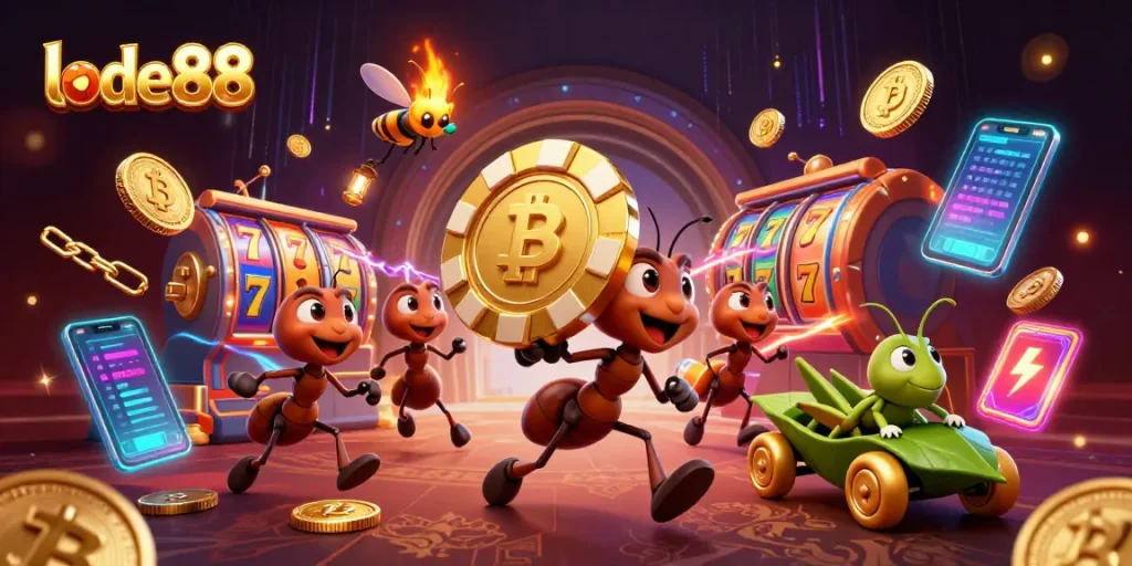 lode88 themed illustration showcasing a vibrant heist scene with 3D cartoon ants and gambling elements