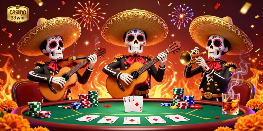 Experience the excitement of casino 33win with a vibrant mariachi band celebrating poker wins.
