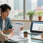 Couple simular hipoteca with financial advisor, reviewing mortgage options and amortization table in a modern office.