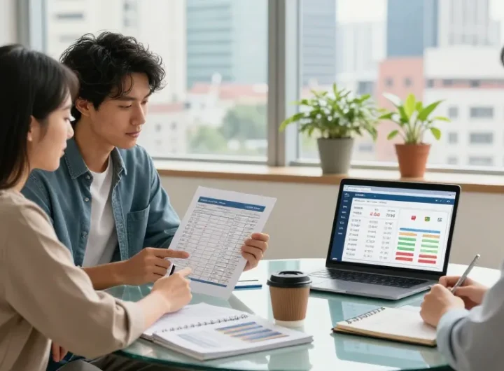 Couple simular hipoteca with financial advisor, reviewing mortgage options and amortization table in a modern office.