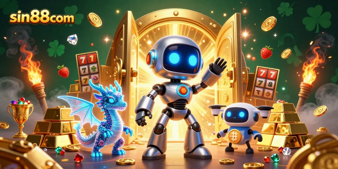 Experience sin88com in a vibrant 3D casino scene with animated characters, jewels, and slot reels.