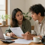 Couple using a laptop to simular hipoteca options in a modern Spanish home.