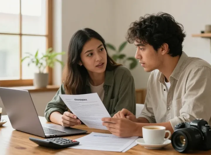 Couple using a laptop to simular hipoteca options in a modern Spanish home.