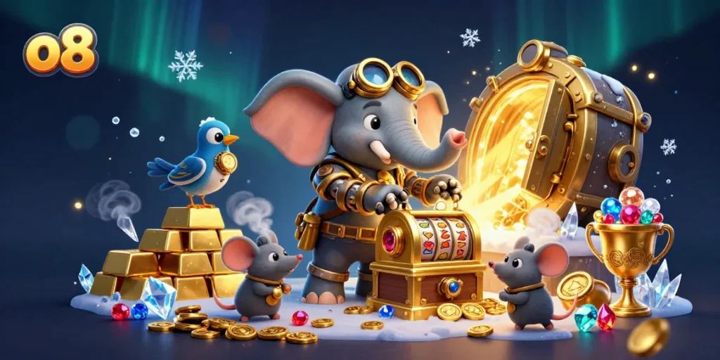 O8 players operate the golden slot machine amid treasure and sparkling gems in this engaging casino scene.