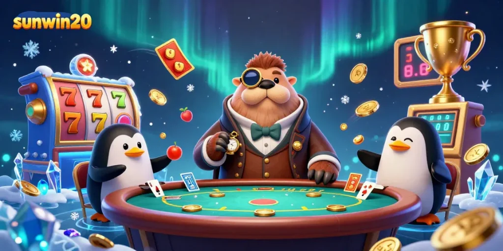 Experience the thrill of gambling with sunwin20 as the walrus plays poker underwater, surrounded by dynamic slot elements.