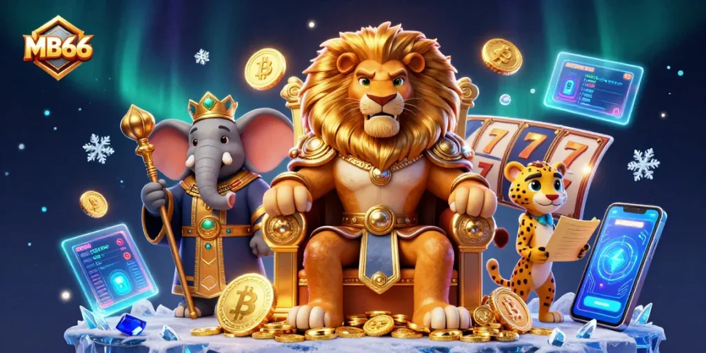 Experience thrilling gaming at MB66 with a regal lion king, wise advisor, and speedy messenger among slot and crypto elements.