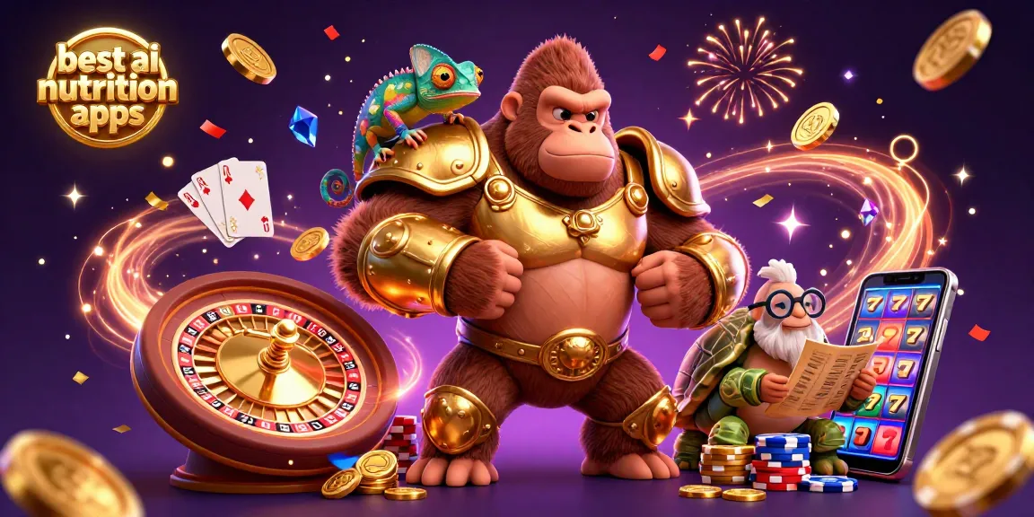 Engage with the best ai nutrition apps featuring a gorilla king and chameleon in a celebratory casino scene.