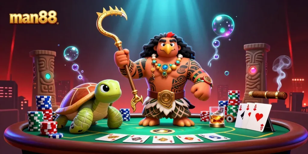 Battle wagers at man88 with vibrant poker action, featuring a charismatic hawk and turtle duo.