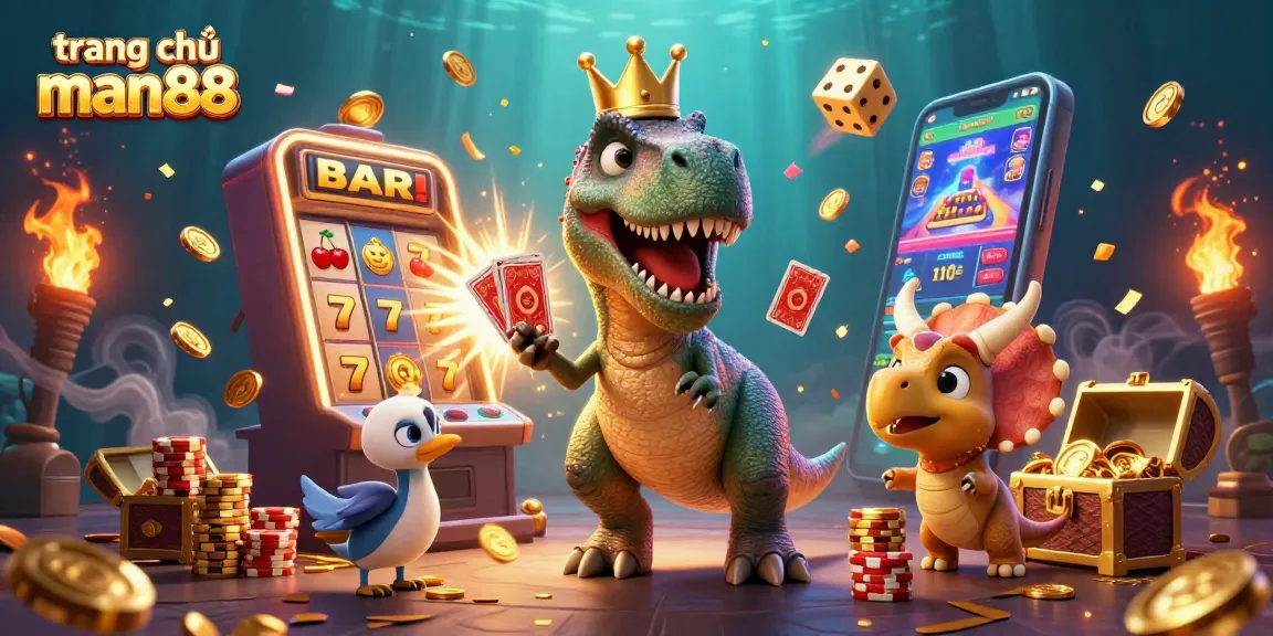Experience the thrilling gameplay of trang chủ man88 with a vibrant 3D scene featuring a friendly T-Rex shuffling cards.