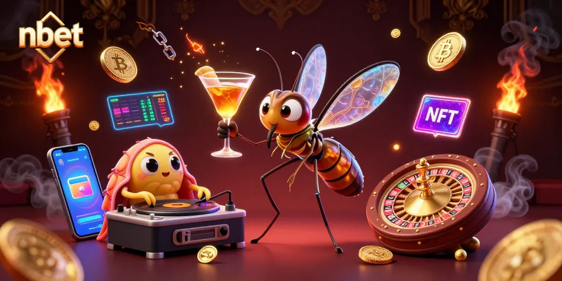 Experience thrilling gameplay with nbet as an animated mosquito mascot, stylish casino elements, and digital crypto coins.